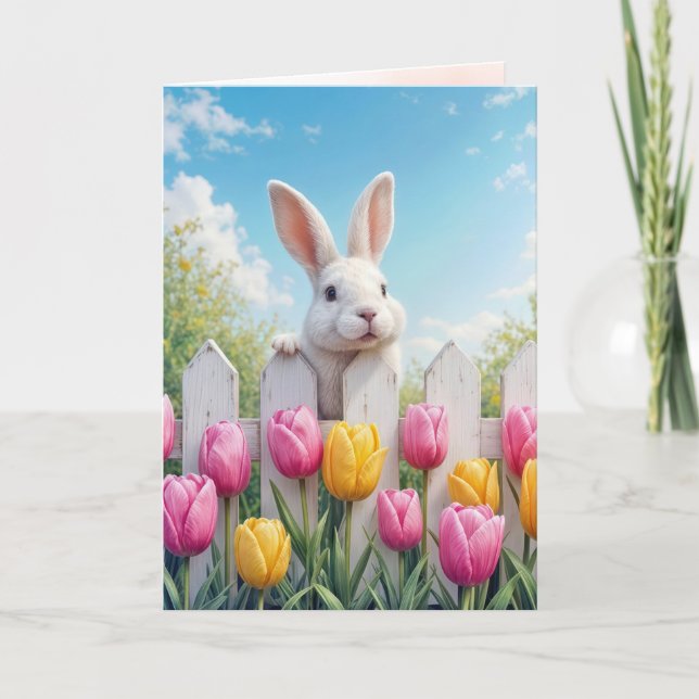 Easter White Bunny In Tulips Card (Front)
