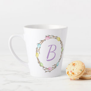 Easter Willow Wreath With Monogram And Pastel Eggs Latte Mug