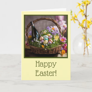 Easter with Basket Eggs Flowers and Wine  Card