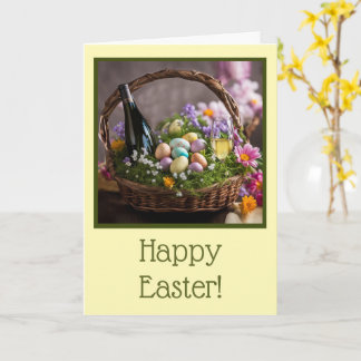 Easter with Basket Eggs Flowers and Wine  Card