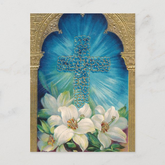 Easter With Cross and Lilies Holiday Postcard (Front)