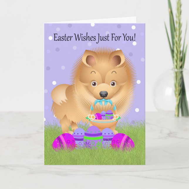 Easter With Little Pomeranian With Easter Basket Holiday Card (Front)
