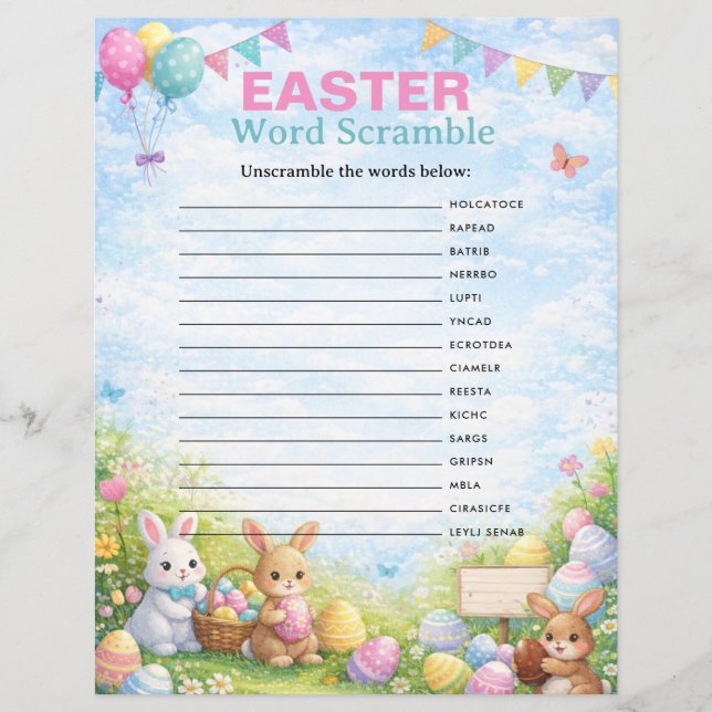 Easter Word Scramble Game | Printable Easter Party (Front)