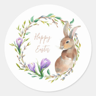Easter wreath with vintage bunny and flowers classic round sticker