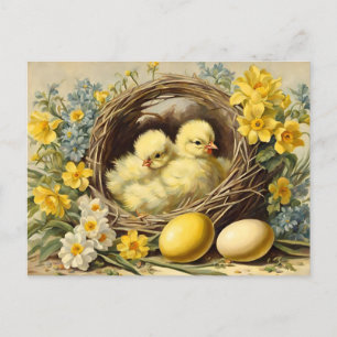 Easter Yellow Baby Chicks in a Basket and Flowers Holiday Postcard