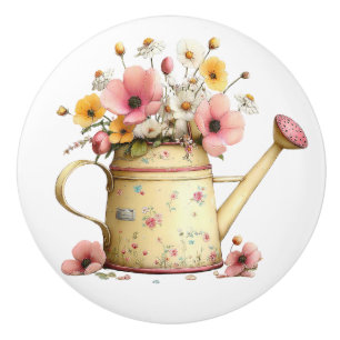 Easter Yellow Pink Watering Can of Flowers Ceramic Knob