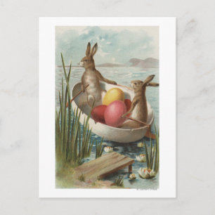 EasterBunnies in a Boat with Coloured Eggs Holiday Postcard