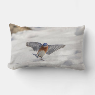 Eastern Bluebird dancing in the snow Lumbar Cushion