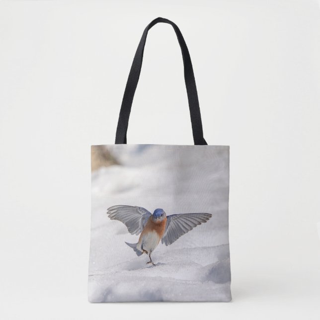Eastern Bluebird dancing in the snow Tote Bag (Front)