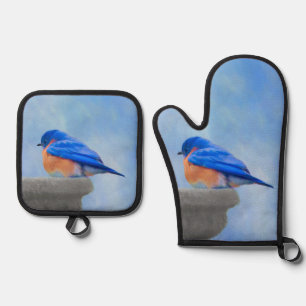 Eastern Bluebird on Birdbath Original Bird Art Oven Mitt & Pot Holder Set