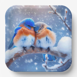Eastern Bluebirds Snuggling On a Snowy Branch Paper Plate