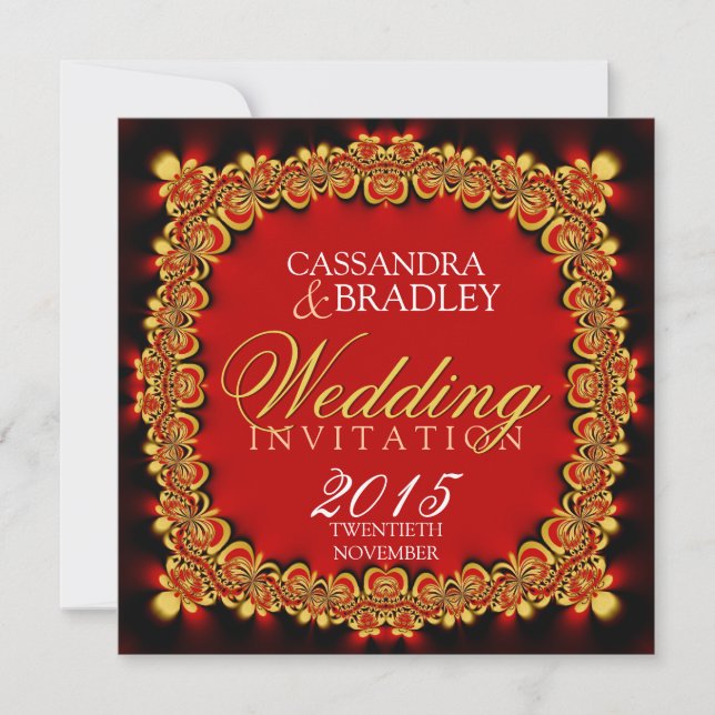 Eastern Fire Red Gold Lace Wedding Invitations (Front)