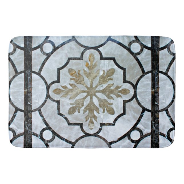 Eastern Floral Marble Pattern Greyish Blue & Gold Bath Mat (Front)