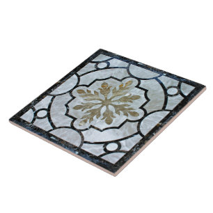Eastern Floral Marble Pattern Greyish Blue & Gold Tile