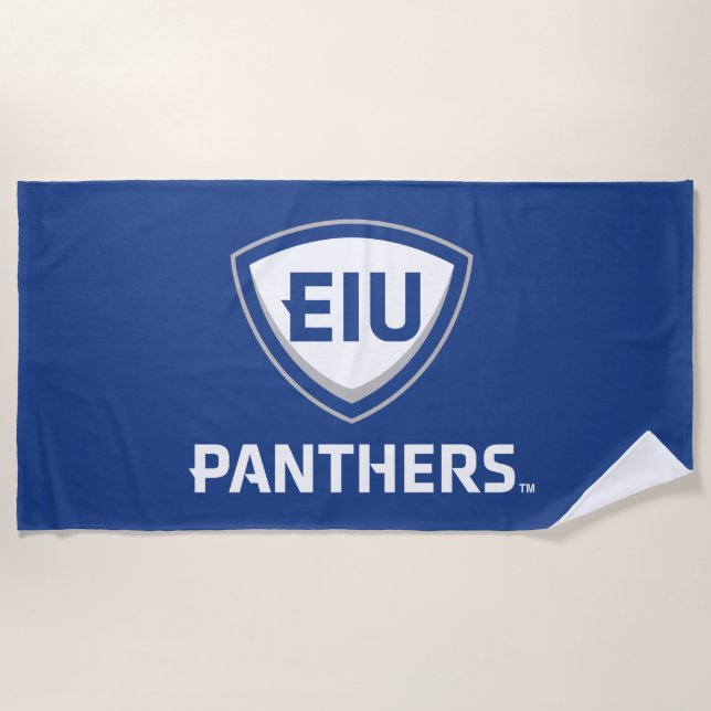 Eastern Illinois Panthers Shield & Wordmark Logo Beach Towel (Front)