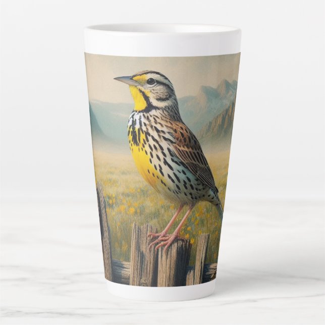 Eastern Meadowlark Perched on a Rustic Fence Latte Mug (Front)