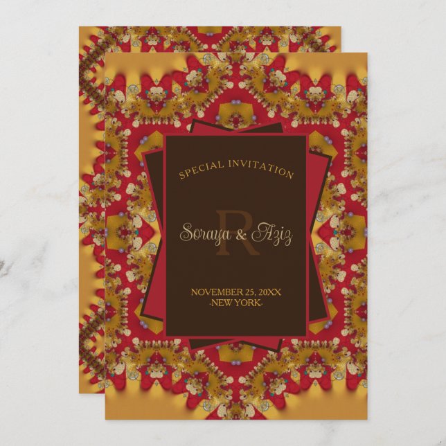 Eastern Red Gold Satin Lace Monogram Special Event Invitation (Front/Back)
