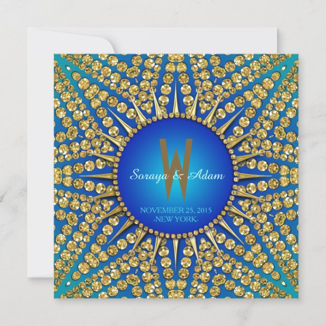 Eastern Sun Royal Blue Gold Sparkle Wedding Invitation (Front)