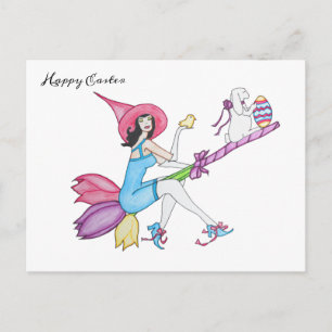 Easter's Magic Witch and Bunny Holiday Postcard