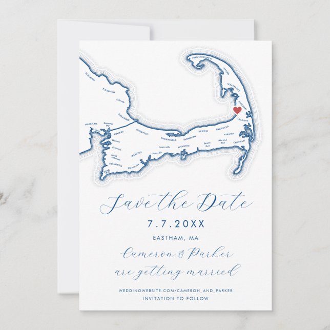 Eastham MA Cape Cod Map Navy Blue Wedding Save The Date (Front)
