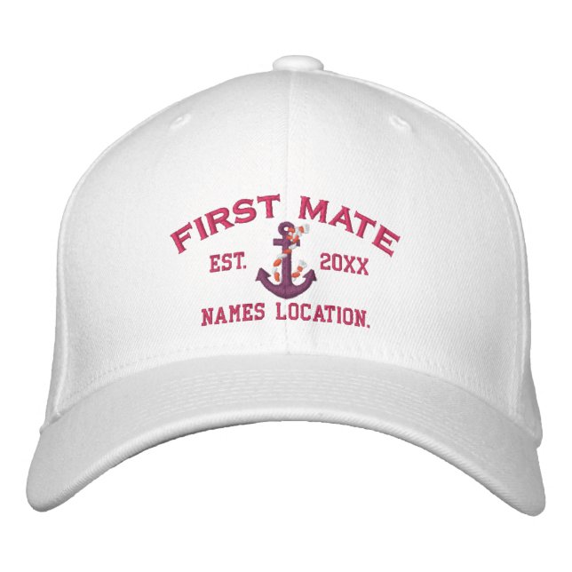 Easy to Personalise YEAR Names First Mate Anchor Embroidered Hat (Front)
