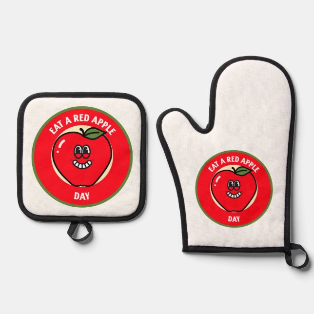 Eat A Red Apple Day Oven Mitt & Pot Holder Set (Front)