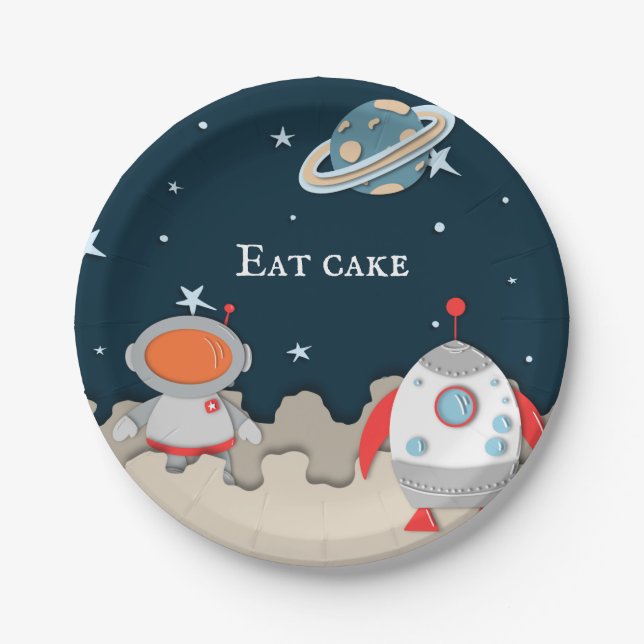 Eat Cake Astronaut and Rocket Ship Space  Paper Plate (Front)