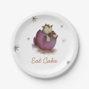 Eat Cake Baby Dinosaur Hatching Purple Party Paper Plate