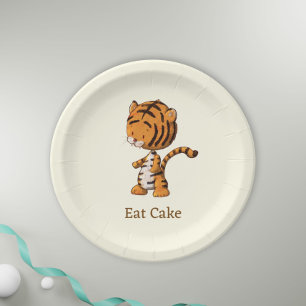Eat Cake Cute Jungle Tiger Illustration Birthday Paper Plate