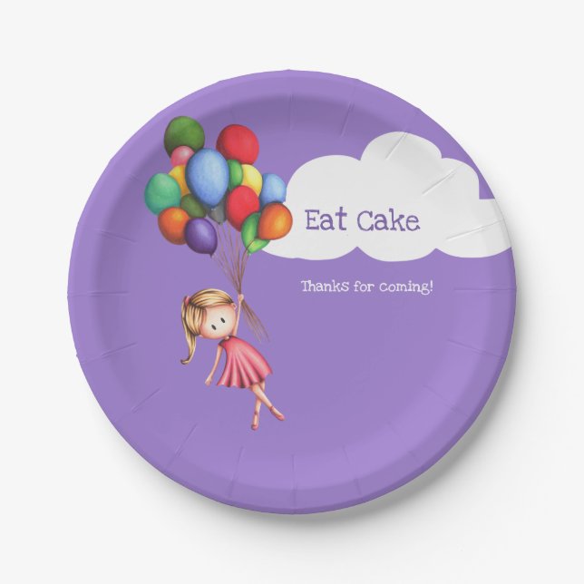 Eat Cake Girl Floating with Balloons Purple Party Paper Plate (Front)