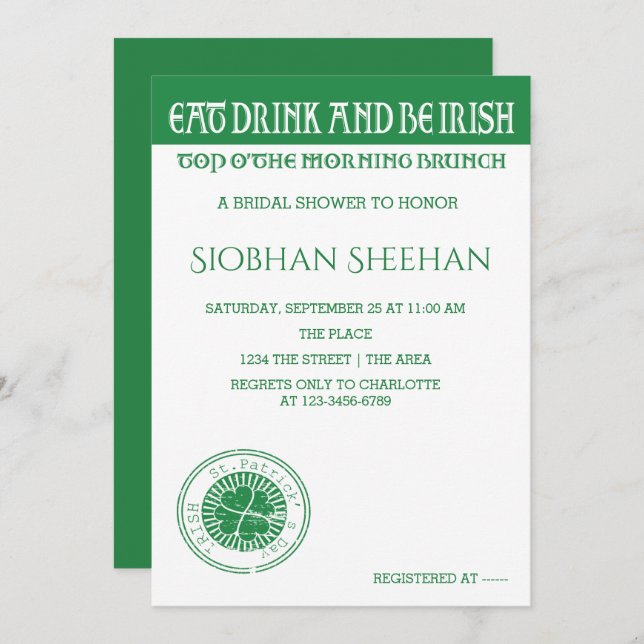 Eat Drink And Be Irish Morning Brunch Invitation (Front/Back)