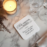 Eat Drink and Be Married Black Wedding Monogram Square Paper Coaster<br><div class="desc">Wedding coasters feature an elegant white "Eat,  Drink,  and Be Married" mixed typography design with scroll accents and a custom monogram that includes the bride and groom's name and wedding date. White background colour can be customised to coordinate with your wedding colour scheme.</div>