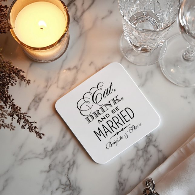 Eat Drink and Be Married Black Wedding Monogram Square Paper Coaster (Creator Uploaded)