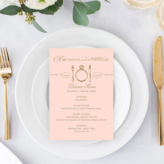 Eat Drink and Be Married Blush Gold Wedding Dinner Menu (Creator Uploaded)