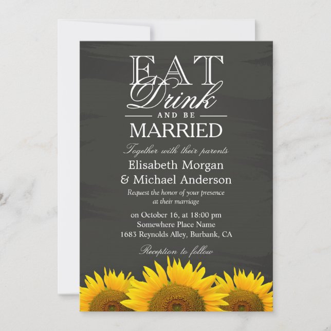 EAT Drink and Be Married Chalkboard Sunflowers Invitation (Front)