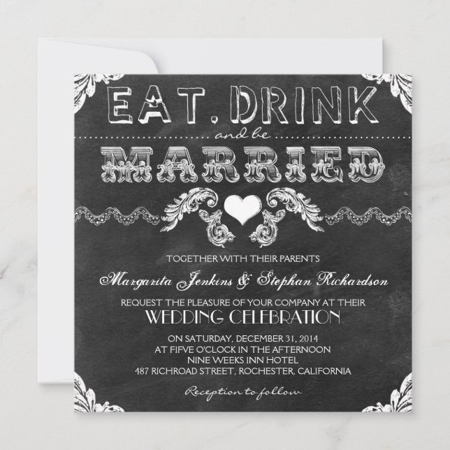 eat drink and be married chalkboard wedding invite (Front)