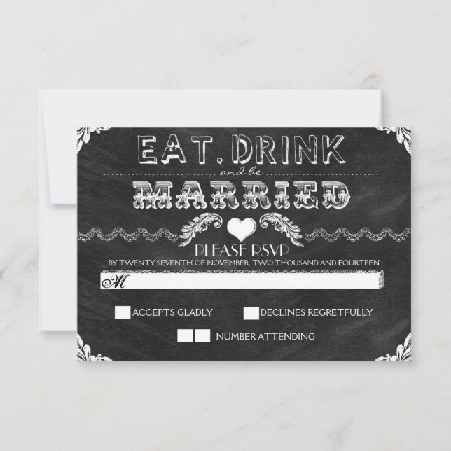 eat drink and be married chalkboard wedding RSVP Card (Front)