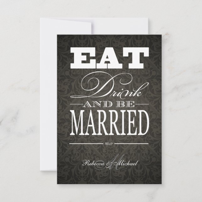 Eat Drink and be Married - Elegant Black Damask RSVP Card (Front)