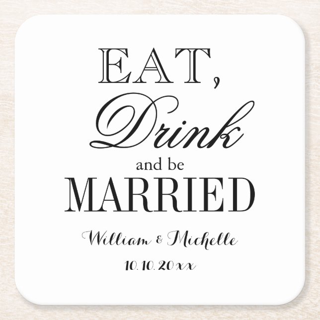Eat drink and be married fancy wedding coasters (Front)