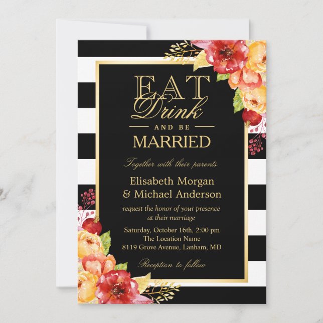 EAT Drink and Be Married Gold Autumn Fall Wedding Invitation (Front)
