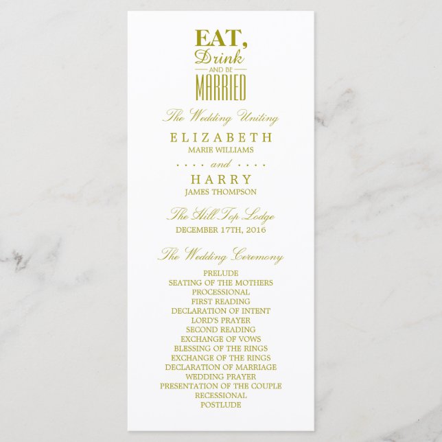 Eat, Drink and be Married Gold Wedding Program Programme (Front)
