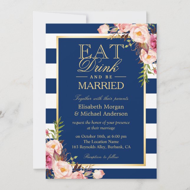 EAT Drink and Be Married Navy Blue Stripes Wedding Invitation (Front)