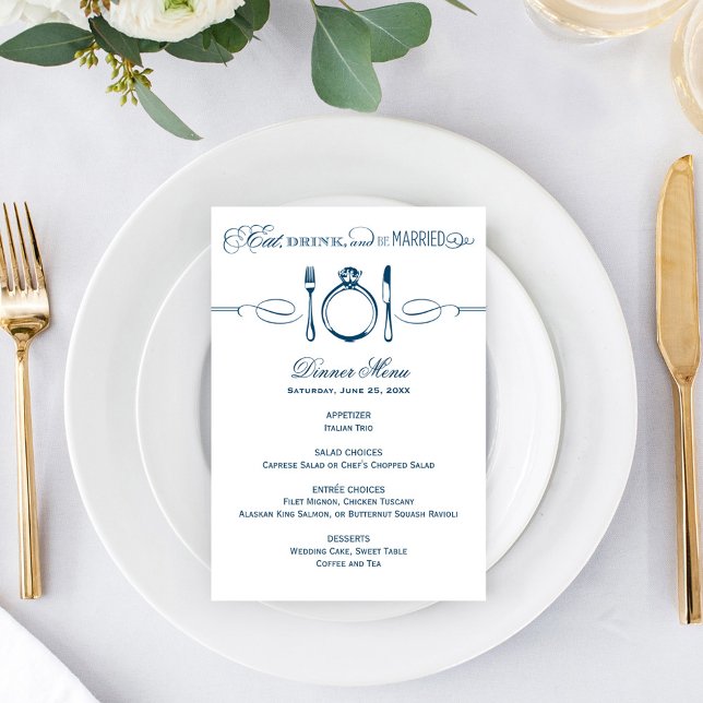 Eat Drink and Be Married Navy Blue Wedding Dinner Menu (Creator Uploaded)