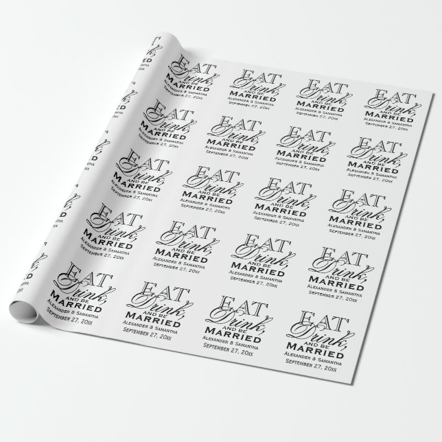 Eat, Drink, and Be Married Personalised Wedding Wrapping Paper (Unrolled)