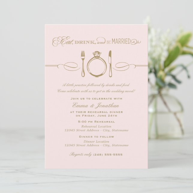 Eat Drink and Be Married Pink Rehearsal Dinner Invitation (Standing Front)