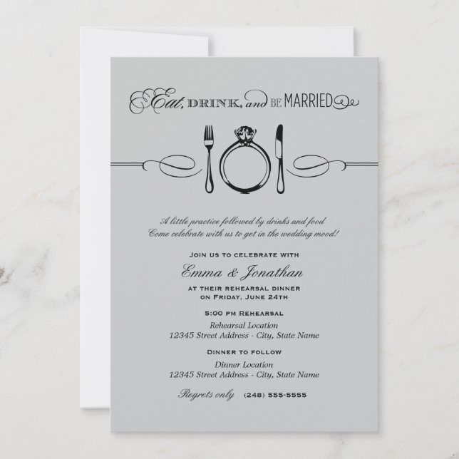 Eat Drink and Be Married Silver Rehearsal Dinner Invitation (Front)