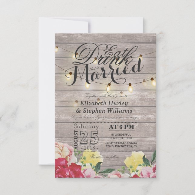 EAT Drink and Be Married String Light Rustic Wood Invitation (Front)