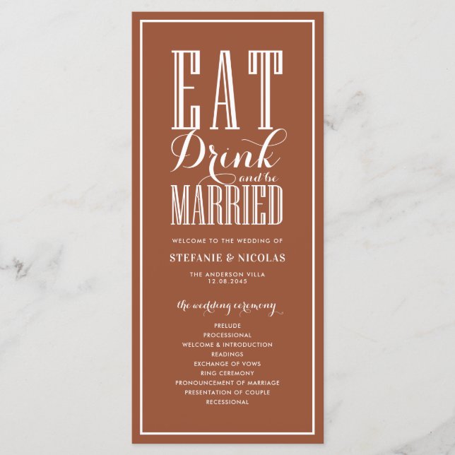 Eat Drink and be Married Terracotta Wedding Programme (Front)