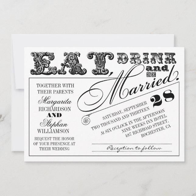 eat drink and be married typography wedding invite (Front)