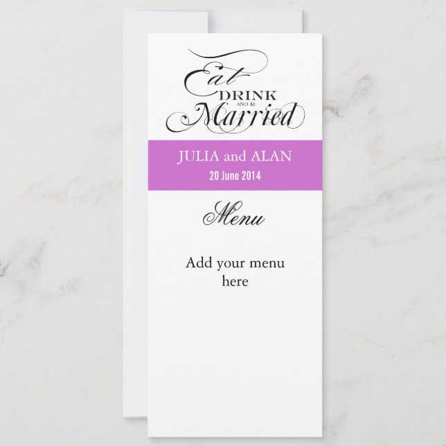 Eat, Drink, and Be Married Wedding Menu Card Lilac (Front)